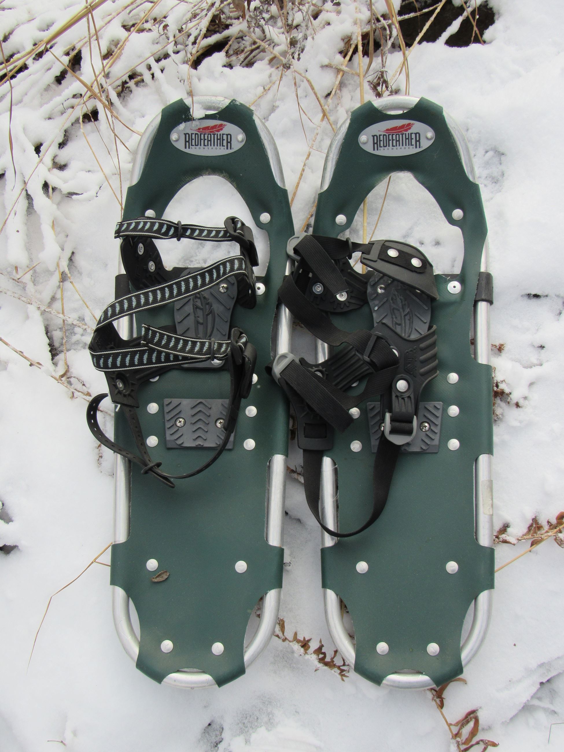 A pair of green modern snowshoes